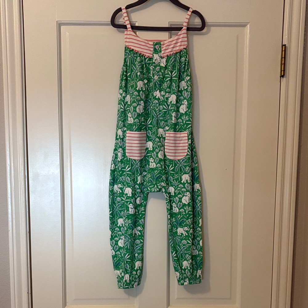 Baby Boden Green and Pink Elephant Print Jumpsuit